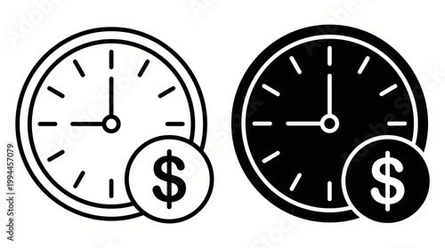 Time and money a black and white illustration depicting clocks and dollar signs together