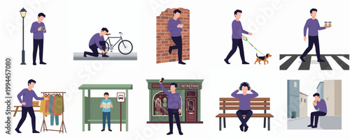 Flat Illustration Set of Young Man Performing Diverse Daily Urban Lifestyle Activities in City Scenes
