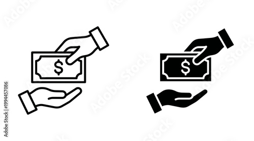 Financial transaction icon set illustrating money exchange and payment processes in two distinct styles