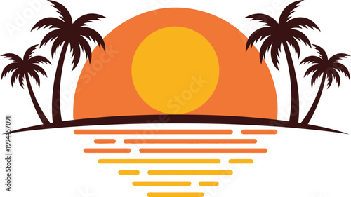 sunset palm coconut tree beach vector logo design