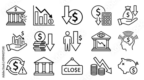 Financial icons set illustrating economic concepts banking investment and market trends in black and white