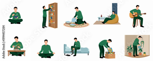 Flat Design Modern Illustration Young Man Performing Daily Home Life Leisure Chores Activities Collection Set