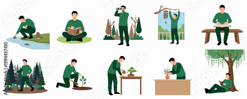 Flat Illustration Set of Man Enjoying Nature Outdoor Activities and Hobbies Collection