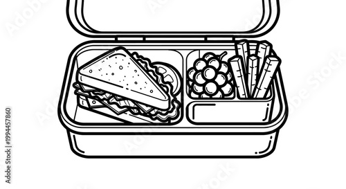 Black and white illustration of a lunchbox with various food items