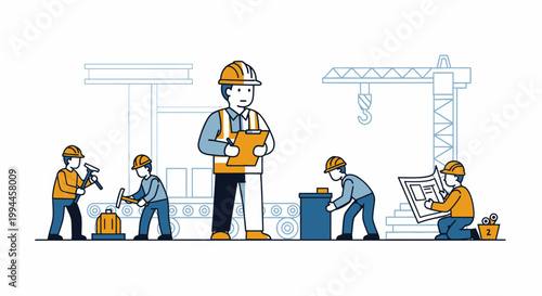 Construction workers illustrated at a building site with equipment and planning