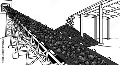 Industrial conveyor belt system transporting coal in a processing facility