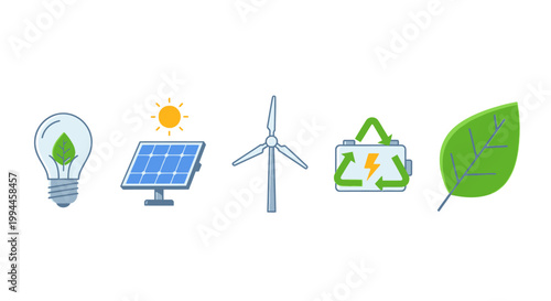 Clean energy sources illustration with leaf solar panel wind turbine and battery