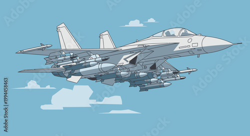 Modern jet fighter in flight against blue sky with clouds