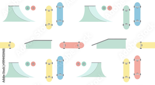 Skatepark elements and skateboards seamless pattern, flat design, pastel colors