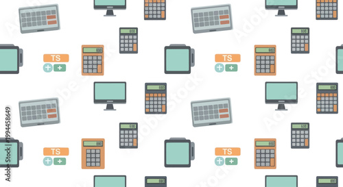 Seamless pattern of office supplies: calculators, keyboards, monitors, tablets, and T&S icons.