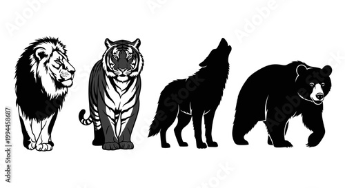 Wildlife silhouette collection lion tiger wolf and bear illustrations