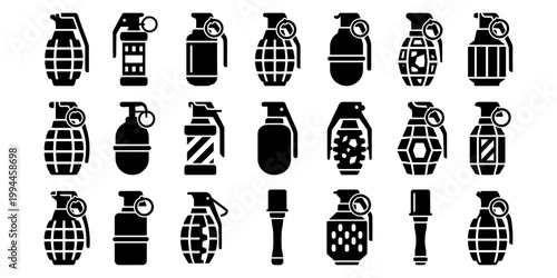 Collection of grenade and explosive icons in silhouette style. Ideal for military, game assets, security themes, and tactical design projects.