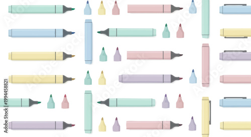 Pastel Highlighters and Caps Scattered on White Background, Creative Stationery Pattern