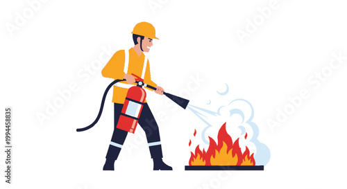 Firefighter extinguishes fire illustration safety and emergency services concept