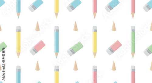 Seamless Pattern of Colorful Pencils and Erasers on White Background
