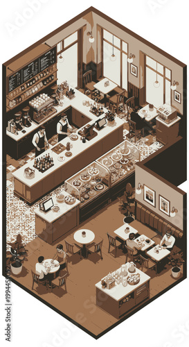 Isometric illustration of a cafe interior with people and coffee machines