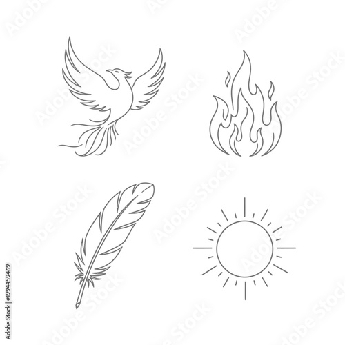 Phoenix icon set line art illustrations of fire bird flames feather and sun