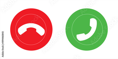 Call accept and decline icon set with green and red buttons featuring phone symbols. Ideal for mobile apps, communication UI, VoIP, chat, call interfaces, and digital interaction designs. Vector