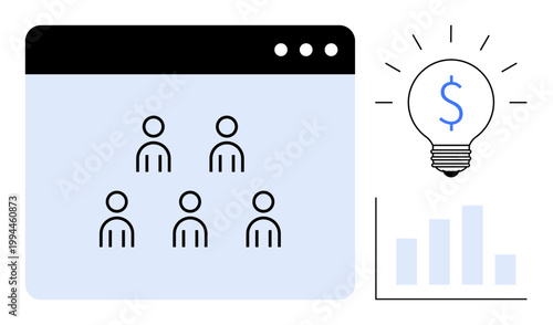 Teamwork, business growth, innovation, financial planning, collaboration, data analysis. Icon of a team in a web browser and a dollar symbol on a lightbulb with charts. Teamwork and business growth