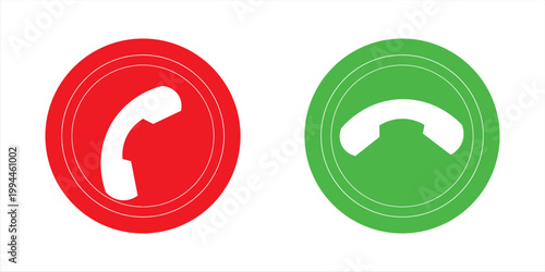 Call accept and decline icon set with green and red buttons featuring phone symbols. Ideal for mobile apps, communication UI, VoIP, chat, call interfaces, and digital interaction designs. Vector