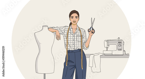 Professional female tailor in a studio holding scissors next to a dressmaking mannequin and a sewing machine.
