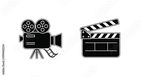 Film camera and clapboard depicted as a striking black silhouette