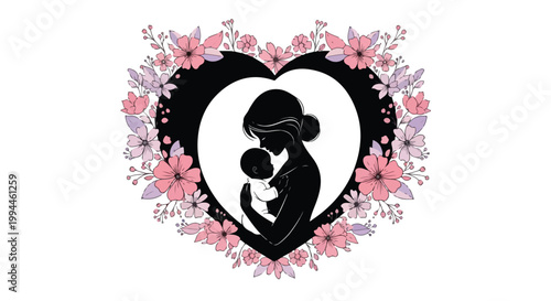 Silhouette of a mother holding her child inside a heart shape surrounded by pink cherry blossoms symbolizing love