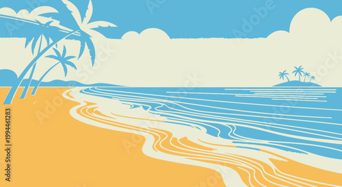 Beach landscape with palm trees and ocean waves under a bright blue sky