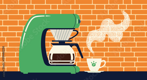 Vintage style green coffee maker brewing fresh coffee into a glass pot next to a steaming cup on a brick background.