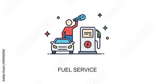 Electric vehicle charging at a fuel service station with a male character holding a key and sparkling decorative elements.