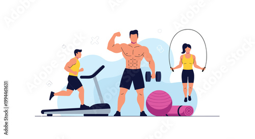 Diverse group of people working out in a gym including a bodybuilder posing and individuals running and jumping rope.