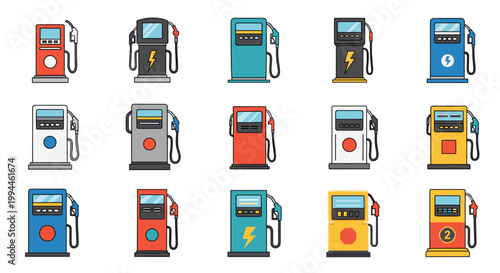 Collection of fifteen different colorful fuel and electric vehicle charging pump icons arranged in a neat grid pattern.