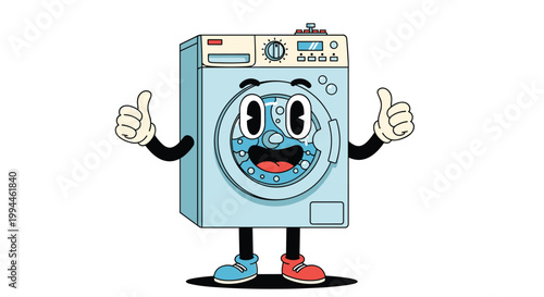Happy cartoon washing machine character with eyes and a mouth giving double thumbs up in a friendly mascot design.