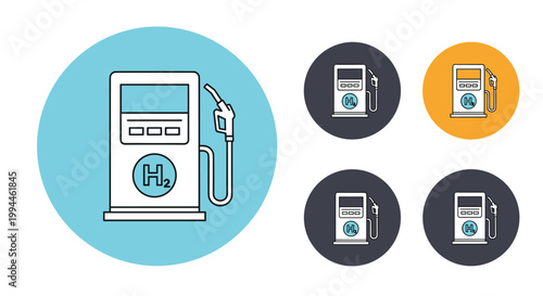 Set of five hydrogen fuel station icons in different colored circular backgrounds for alternative energy presentation.