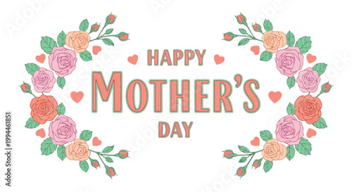 Beautiful Mother's Day greeting card with pink roses and floral wreath design celebrating motherhood and love