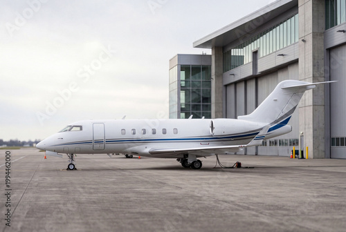 White private jet parked outside modern airport hangar