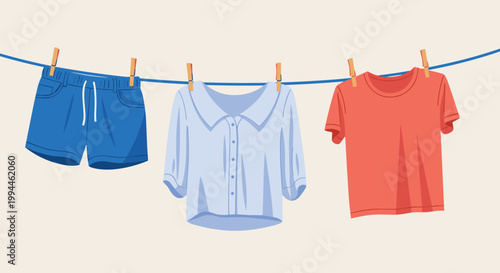 Blue shorts, a light blue shirt, and an orange t-shirt hanging on a blue laundry line with wooden clothespins outside.