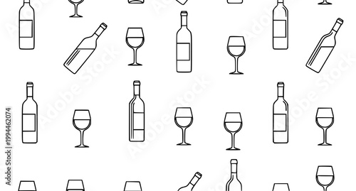Wine seamless pattern with bottles and glasses in clean outline grid editable vector isolated on white