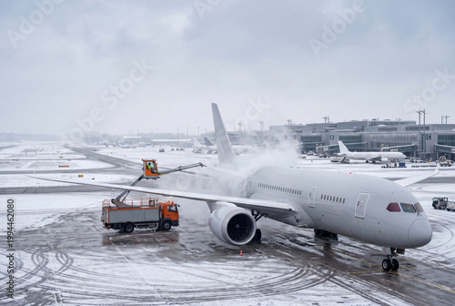 Widebody airplane deicing at snowy airport apron