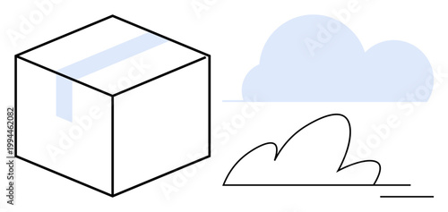 Shipping, storage, logistics, organization, abstract art, modern design. Geometric box with cloud and abstract shape. Shipping and storage concept in a contemporary setting