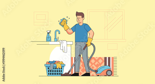 Man cleaning a room with vacuum cleaner and sponge vector illustration