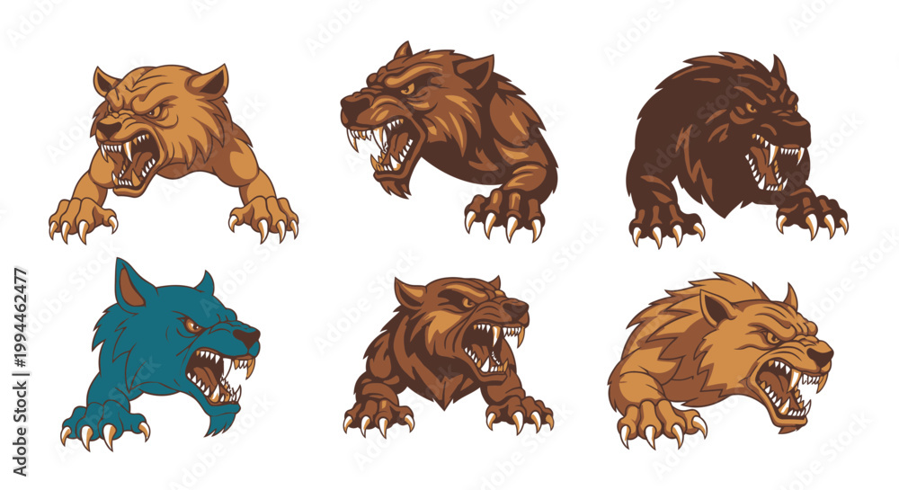 Fototapeta premium Stylized illustrations of various roaring wildcats in different colors on white background