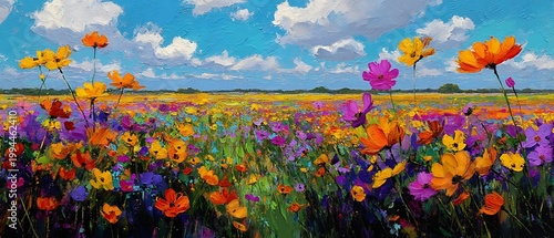 Expansive field of colorful flowers stretching towards the horizon under a bright blue sky