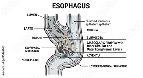 Medical illustration of human esophagus anatomy showing layers and structures