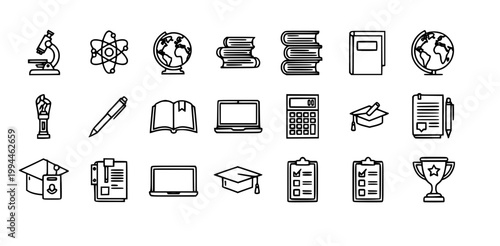 Education line icon set with academic subjects and learning tools in bold outline vector style