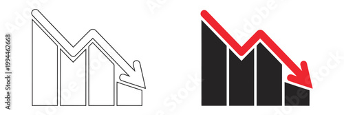 Business graph icon with downward arrow, declining trend chart, crisis analysis, financial loss, negative growth visualization
