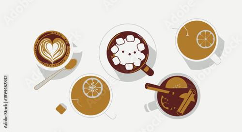 Variety of coffee drinks and beverages in overhead vector composition