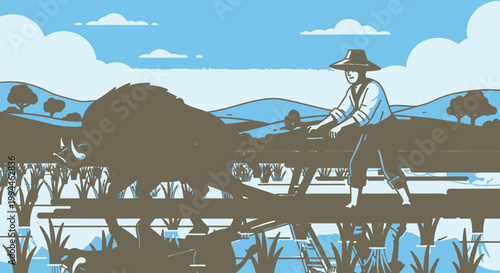 Farmer plowing field with ox in rural illustration against blue sky background