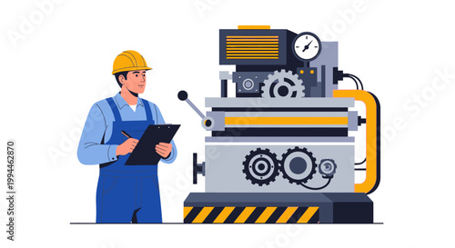 Engineer inspects industrial machinery in vector illustration
