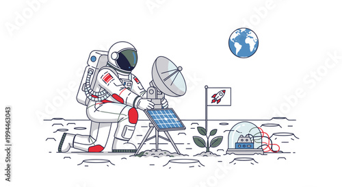 Astronaut on moon with satellite dish rocket flag and earth in space